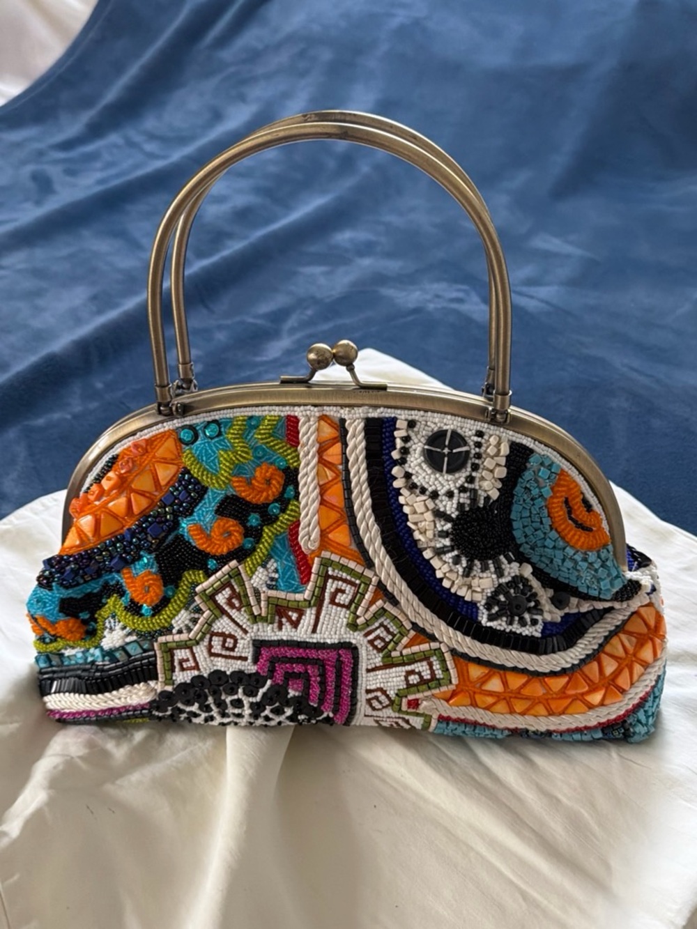 Multicolor Beaded Frame Top-Handle Clutch